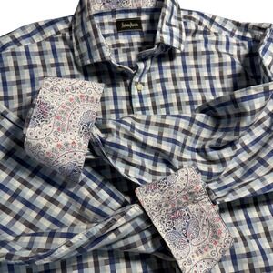 Neiman Marcus Mens Blue Grey Plaid Button Down Shirt Paisley Contrast Cuffs Prep